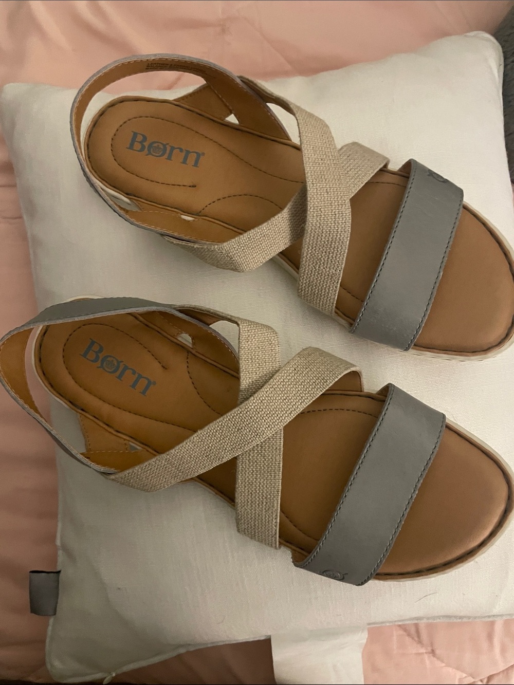 Born Two-Tone Gray and Natural Crossover Slingback Sandals